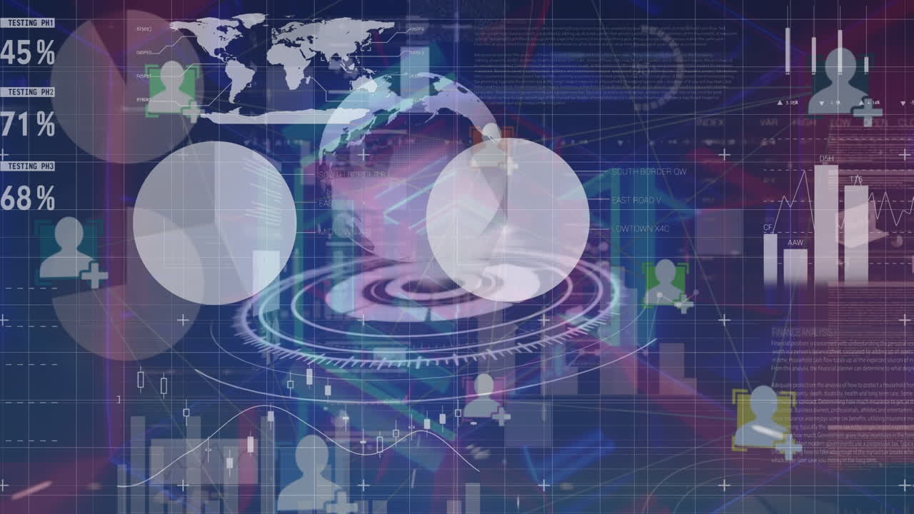 데이터 처리의 애니메이션과 파란색 배경의 지구