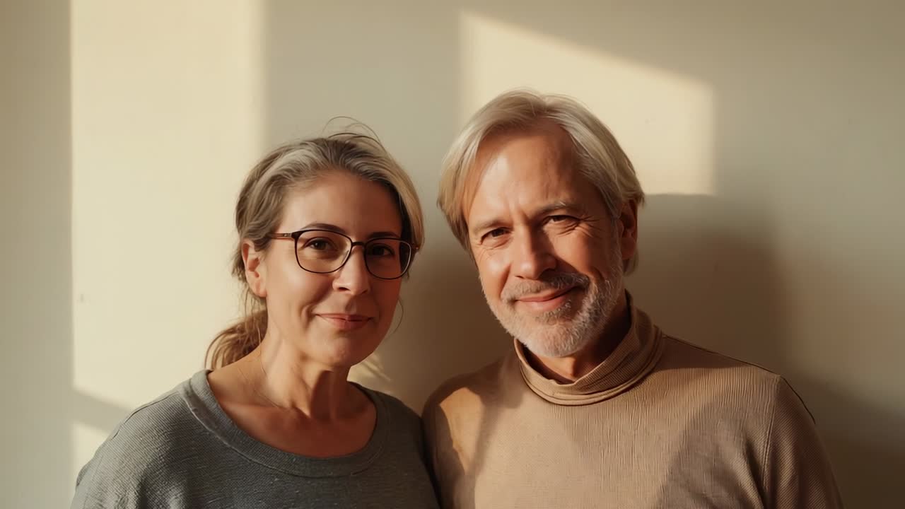 Casal idoso sorridente de frente para a câmera em casa, sob a luz da janela, com óculos e tricô bege, para um retrato.