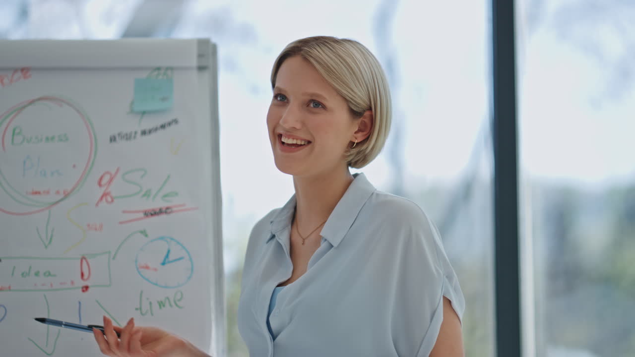 el mentor apunta positivamente al gráfico de flip del seminario de la oficina. presentación del entrenador