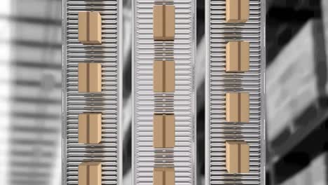 Animation-of-cardboard-boxes-moving-on-conveyor-belts-over-warehouse