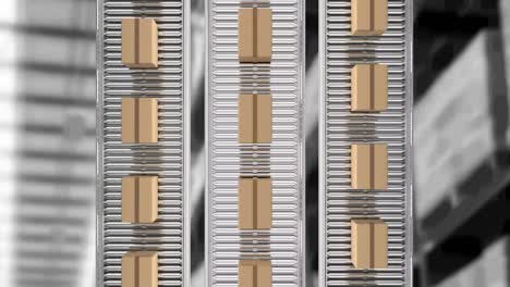 animación de cajas de cartón que se mueven en cintas transportadoras sobre el almacén