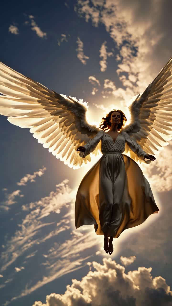 Aerial view of a celestial figure with radiant wings against a dramatic sky, capturing a cinematic