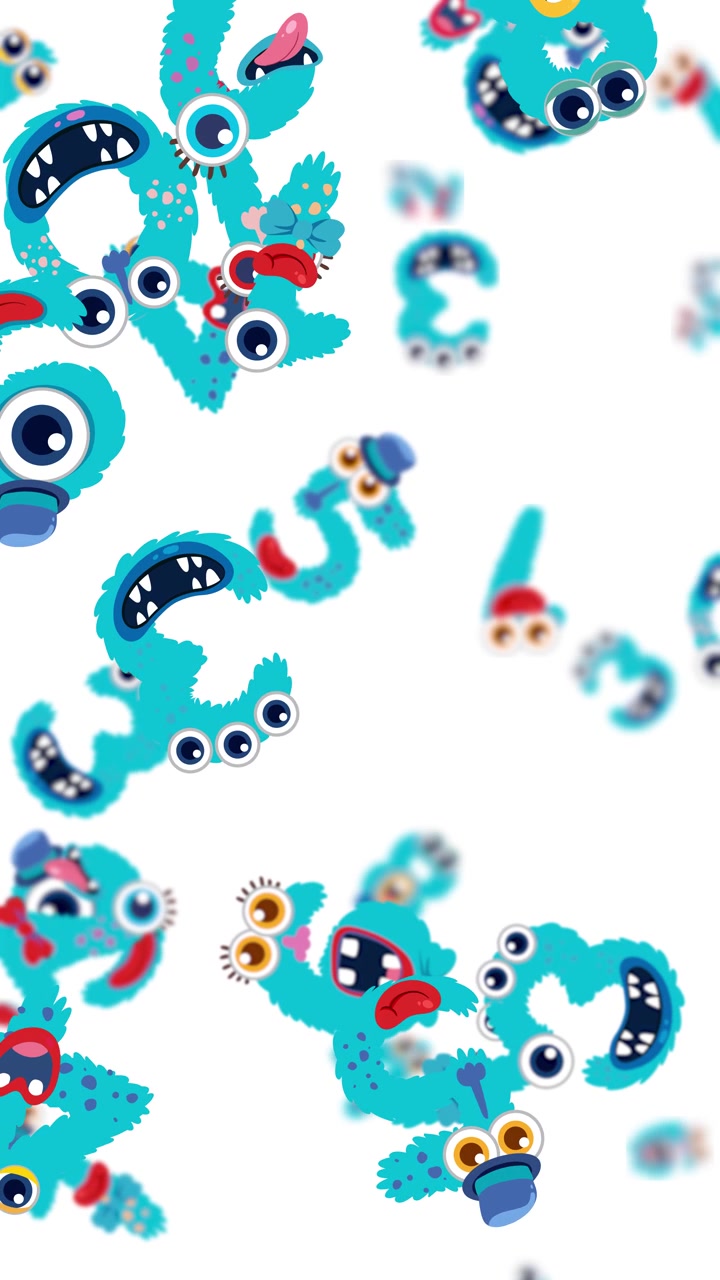 Colorful blue monsters with playful expressions tumble in a lively, vertical animation against a white background
