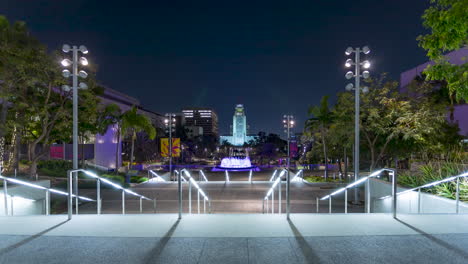 night timelapse of grand park in los angeles with city hall in the background