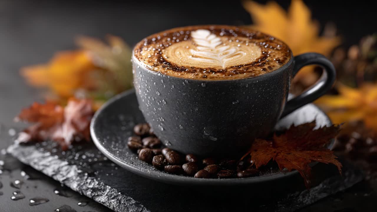 Warmth in a Cup: A Beautifully Crafted Coffee Drink Surrounded by Autumn Leaves and Coffee Beans, Perfect for Cozy Moments and Fall Enjoyment