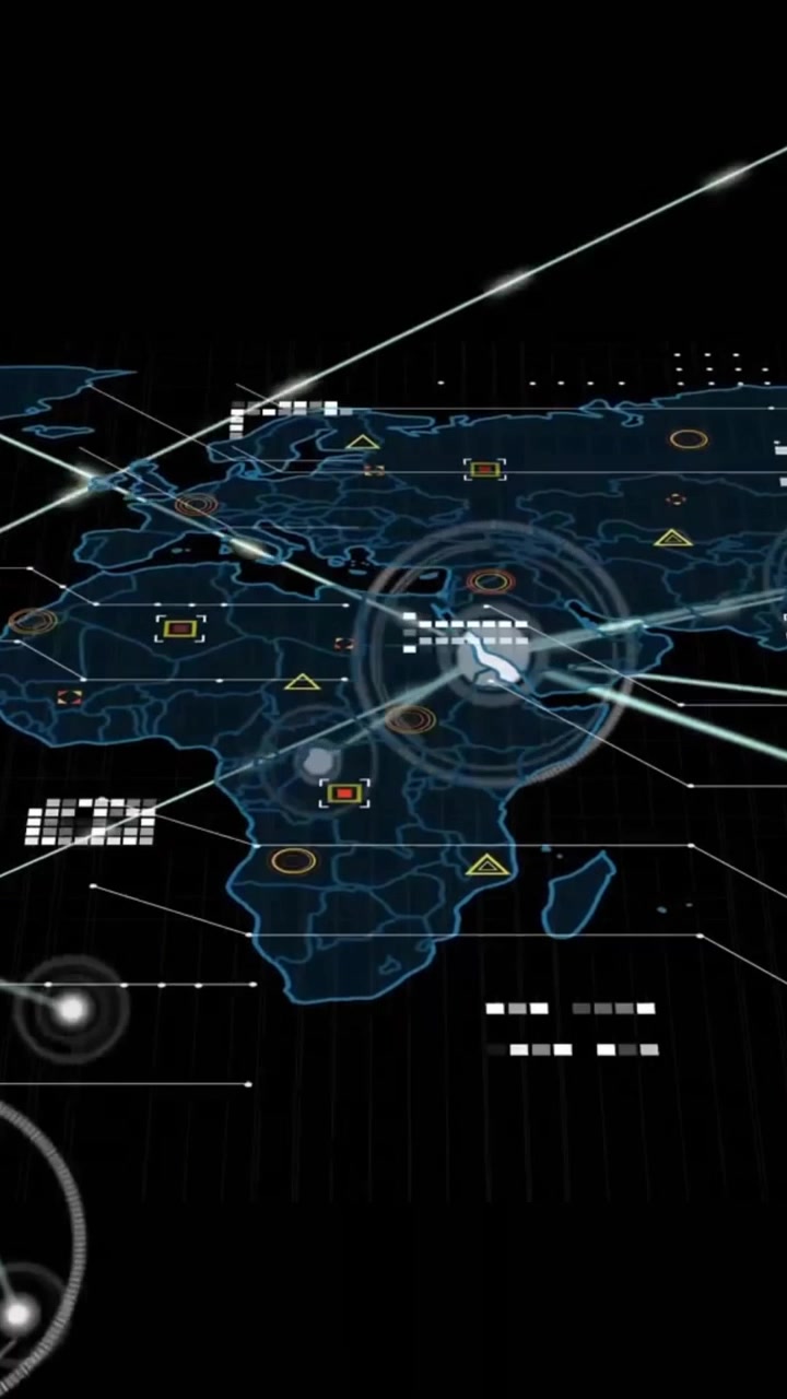 Animation of communication network and data processing over world map on black background