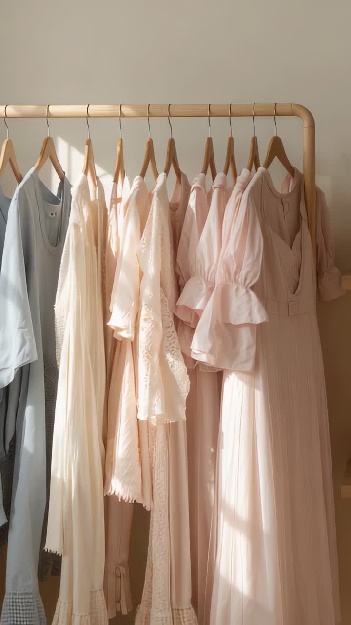 Vertical video: Panning camera revealing wooden rail at home, showing puff-sleeved dress and lace