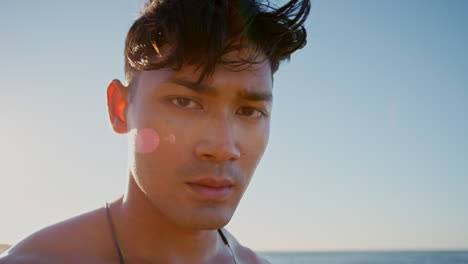 Beach, runner breathing and face with music