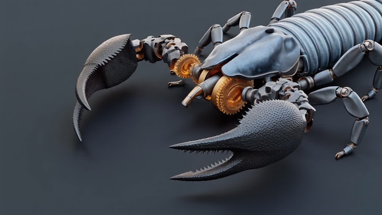 Renderização 3D Detalhada de um Escorpião Mecânico com Engrenagens em Movimento