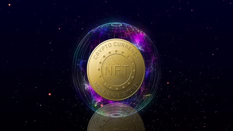 animazione del testo nft su moneta d'oro e rete di connessioni su sfondo scuro