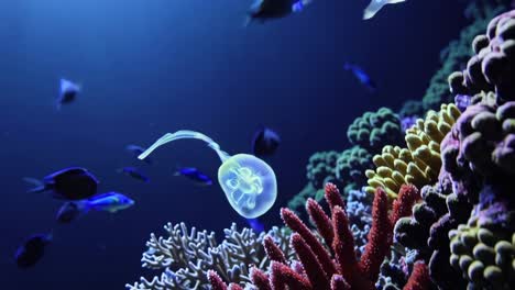jellyfish and fish in a coral reef