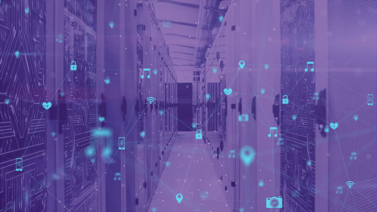 Digital icons and network connections animation over data center servers