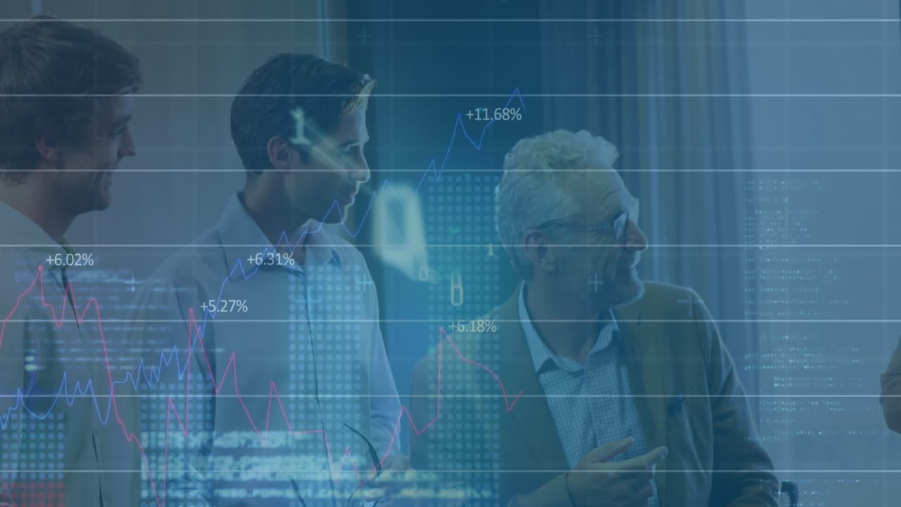 Animation of statistical data processing over diverse businesspeople discussing together at office