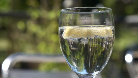 sparkling clear beverage in wine glass with lemon wedge