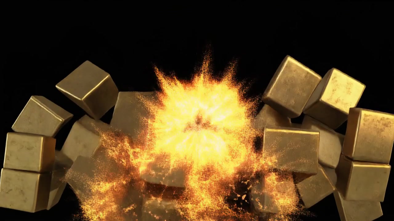 Goldene Würfel kollidieren und explodieren in Funken