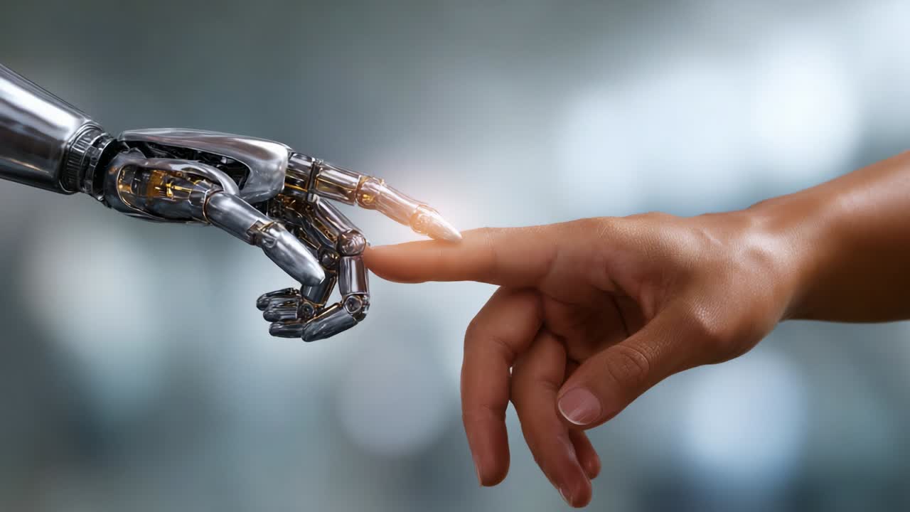 A Profound Moment of Connection Between Humanity and Robotics: The Touch of a Human Finger and a Robotic Hand Symbolizes the Relationship Between Technology and Emotion in Modern Society