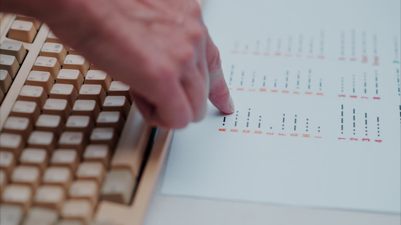 People writing on a white laptop keyboard with a morse code decipher