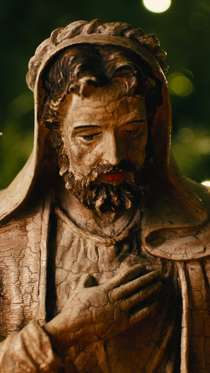 Immagine statica verticale di una statua religiosa di San Giuseppe, illuminata delicatamente in un ambiente buio