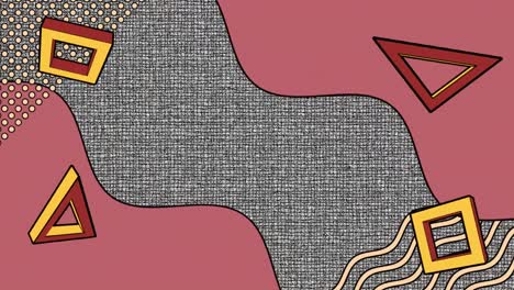 animation of rotating triangles and squares with pink frame and decor elements over grey weave