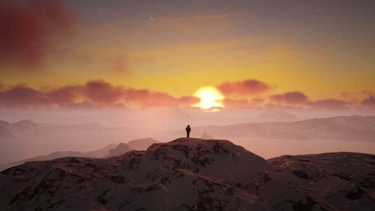 A Person Standing On Top Of A Snow Covered Mountain With A Sunset In The Background. Cold Snowy Landscape Aerial View, Unreal 4K A Screenshot