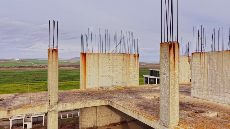 Baustelle mit Blick auf eine grüne Landschaft mit Betonpfeilern