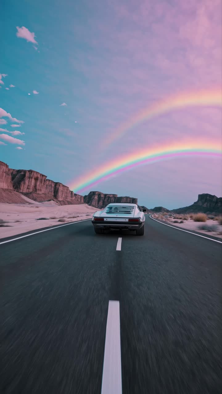 Una ripresa video dal basso di un'auto d'epoca che guida su una strada nel deserto sotto un vivace doppio arcobaleno.