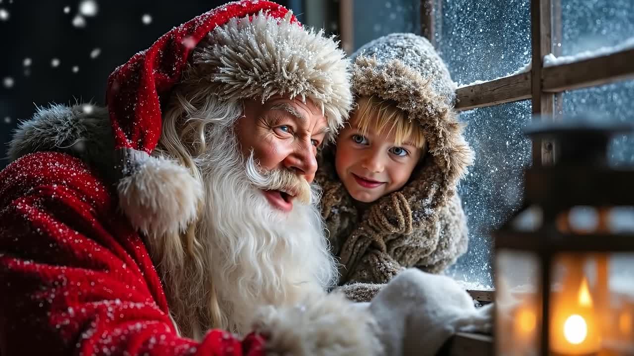Un bambino e un uomo vestito da Babbo Natale che guardano fuori dalla finestra