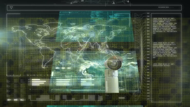 Animation of world map and data processing on screens