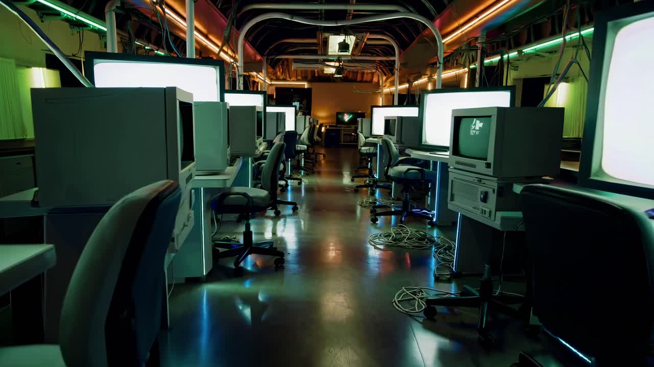 Futuristisk videokonsept med lavvinkelperspektiv av et neonbelyst rom fylt med vintage datamaskiner