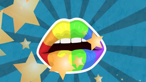 Animation-of-stars-over-lgbtq-rainbow-lips-and-stripes-background