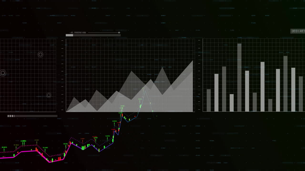 animación del procesamiento de datos sobre diagramas sobre fondo negro