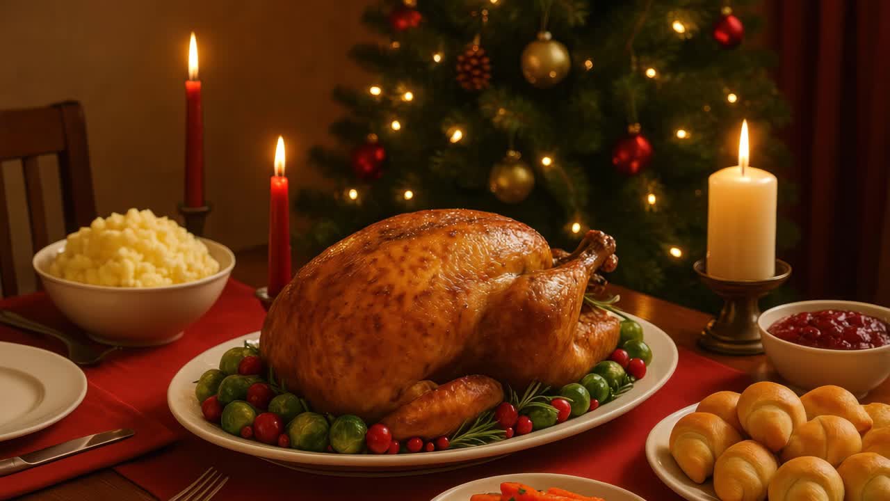 Festive dinner table with roasted turkey, candles, and Christmas tree