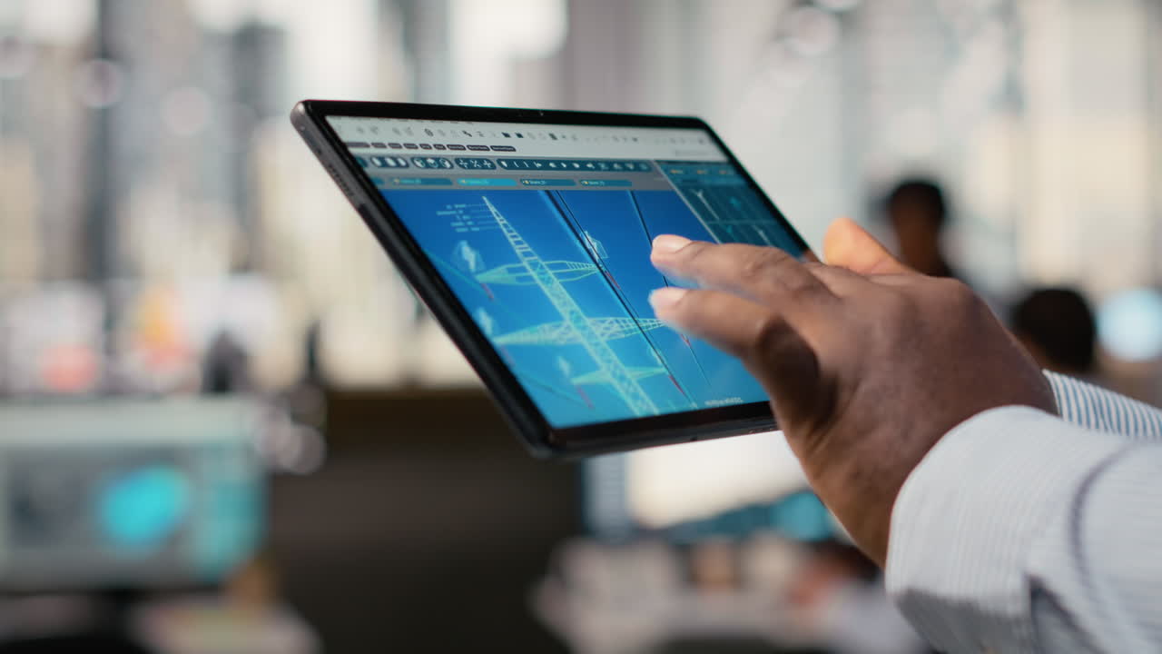 Close Up Of Engineer Using Tablet To Design Power Line Towers In Office