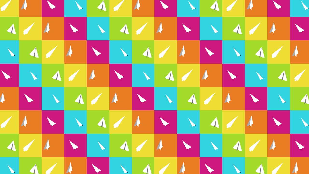 Handmade paper plane collection. Loop animation of flowing white paper plane on colorful background. Business connection concept. Origami airplane flying.