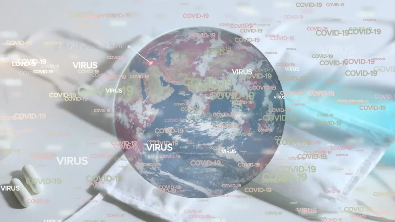 animación de textos de covid 10 y globo sobre máscaras faciales