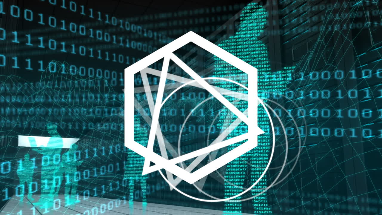 Abstract geometric shapes spinning against silhouette of people and binary coding