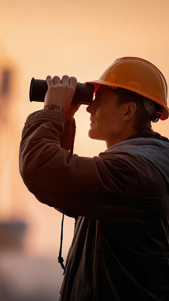 Operaio edile che osserva strutture distanti con il binocolo, indossa dispositivi di sicurezza e un cappello, con un dolce sfondo al tramonto