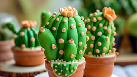 Handcrafted polymer clay cacti featuring vibrant orange blooms nestled in terracotta pots, artfully arranged on wooden surface against pristine white backdrop
