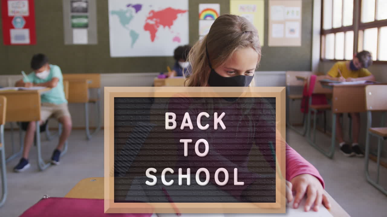 Animation of back to school text over female teacher and school children at school