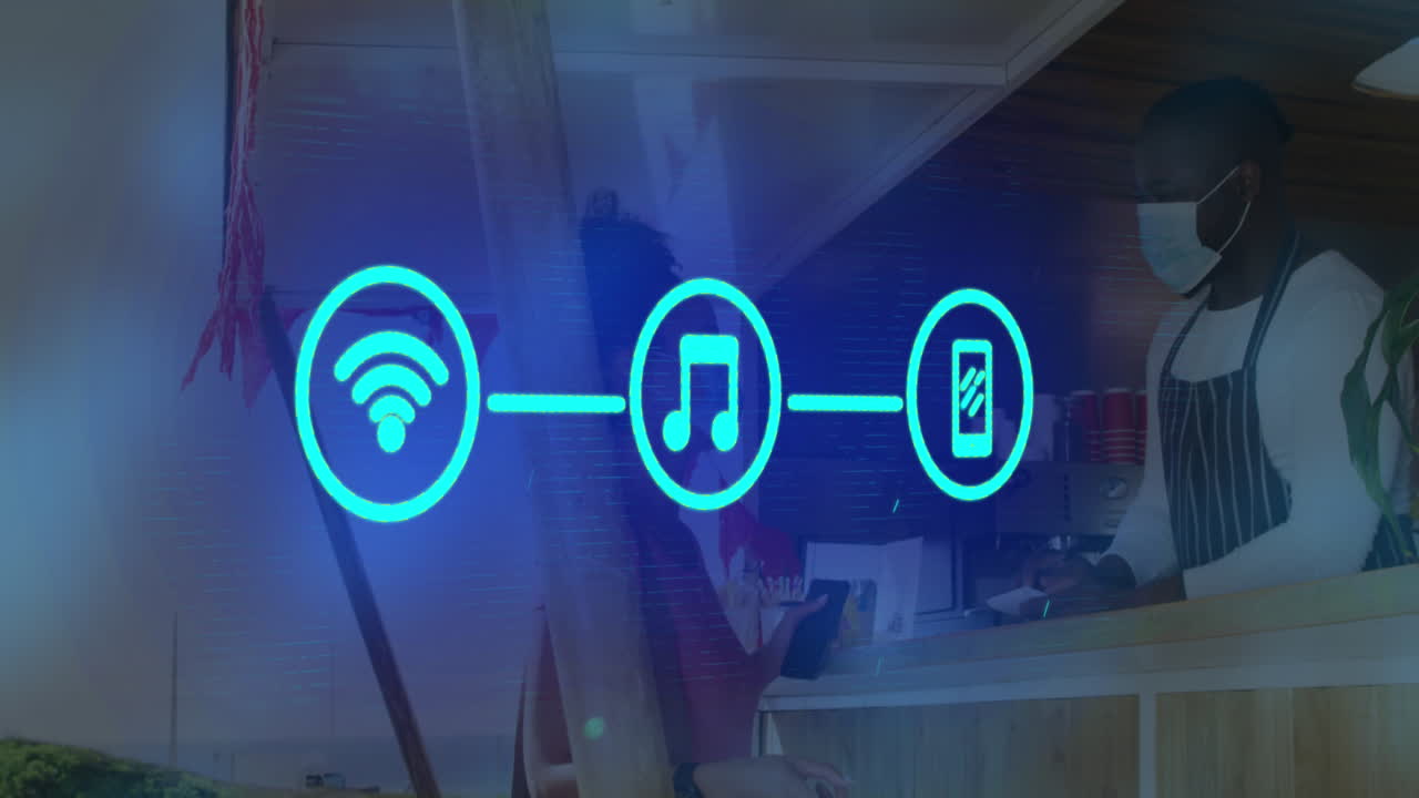 animación de iconos de los medios sobre una mujer afroamericana con máscaras faciales en un café