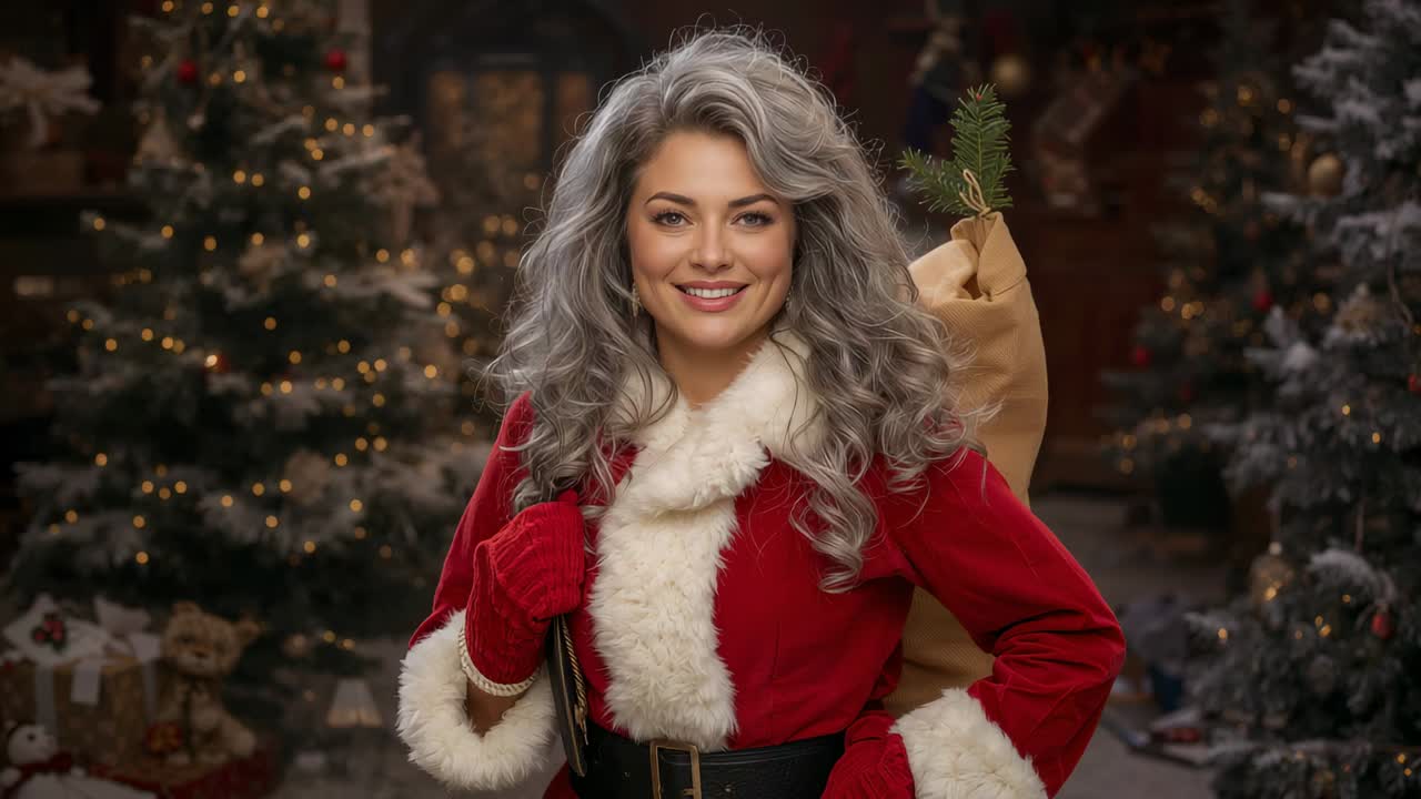 Smiling woman in Santa coat shifting looks while camera rolling at holiday shoot, burlap sack