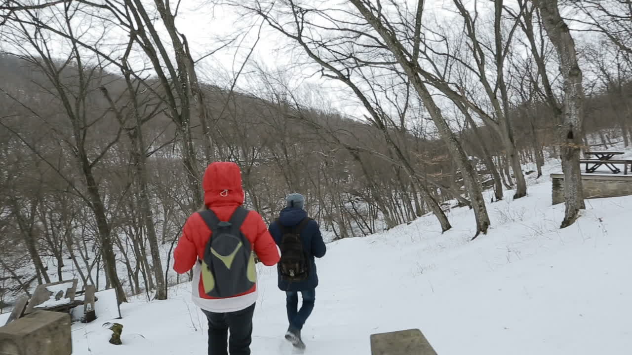 Couple walking in snow outdoors nature