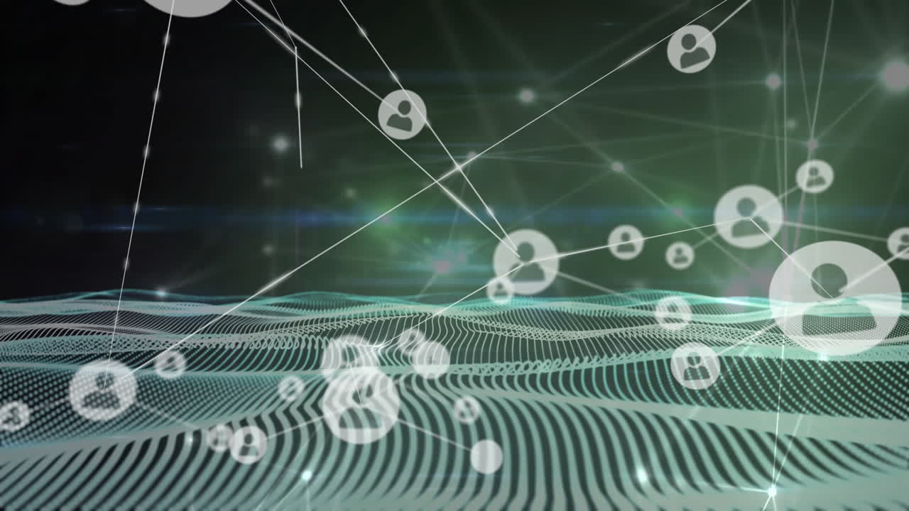 검은색 바탕에 디지털 파도를 통해 아이콘으로 연결된 네트워크의 애니메이션