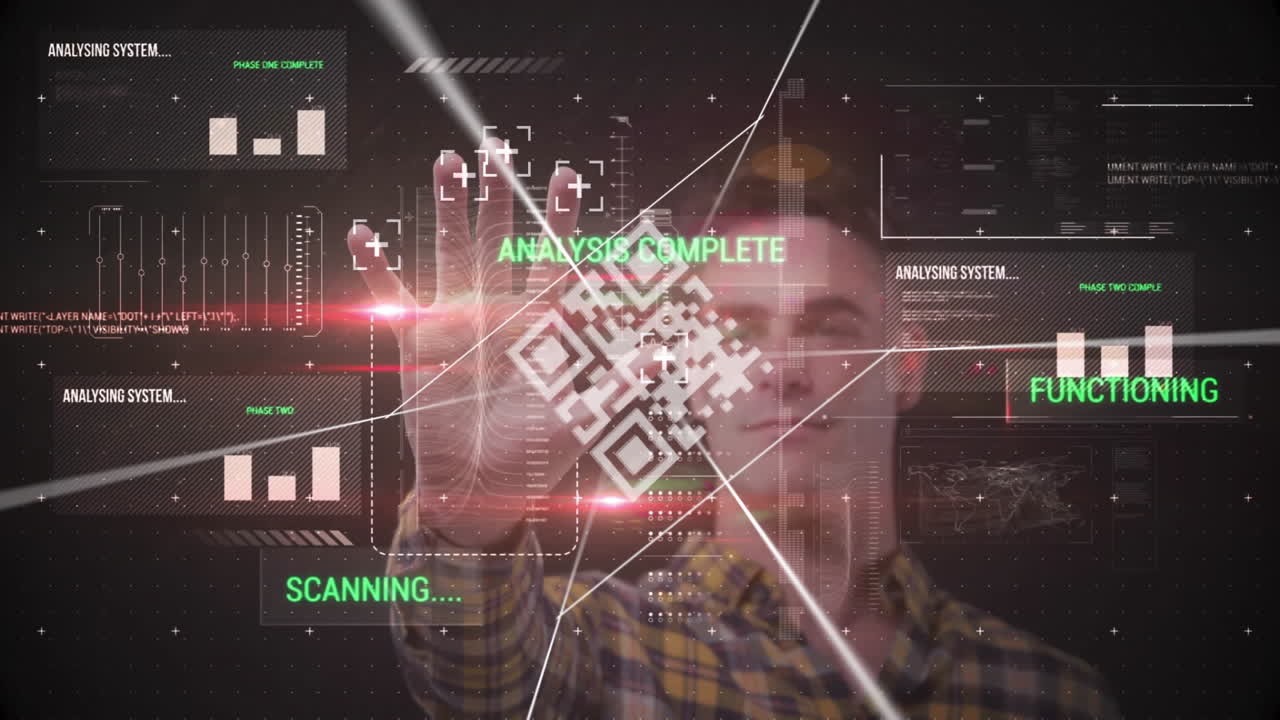 Interacting with digital QR code, man analyzing data with animation interface