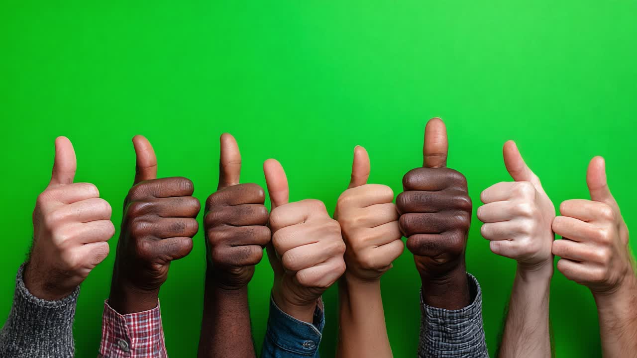 Un groupe diversifié montrant avec enthousiasme son pouce levé sur un fond vert vif, célébrant l’unité et la positivité avec des gestes joyeux de la main