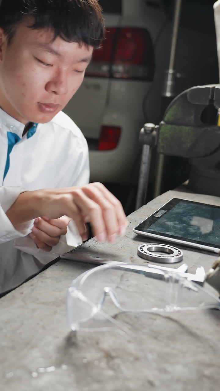 젊은 기술자가 오토모티브 워크에서 베르니에 칼리퍼를 조정하고 태블릿에 을 때 현미경으로 작업하는 여자의 부분적인 시각, 테이블 위에 카버레이터와 주차된 색 자동차를 특징으로합니다.