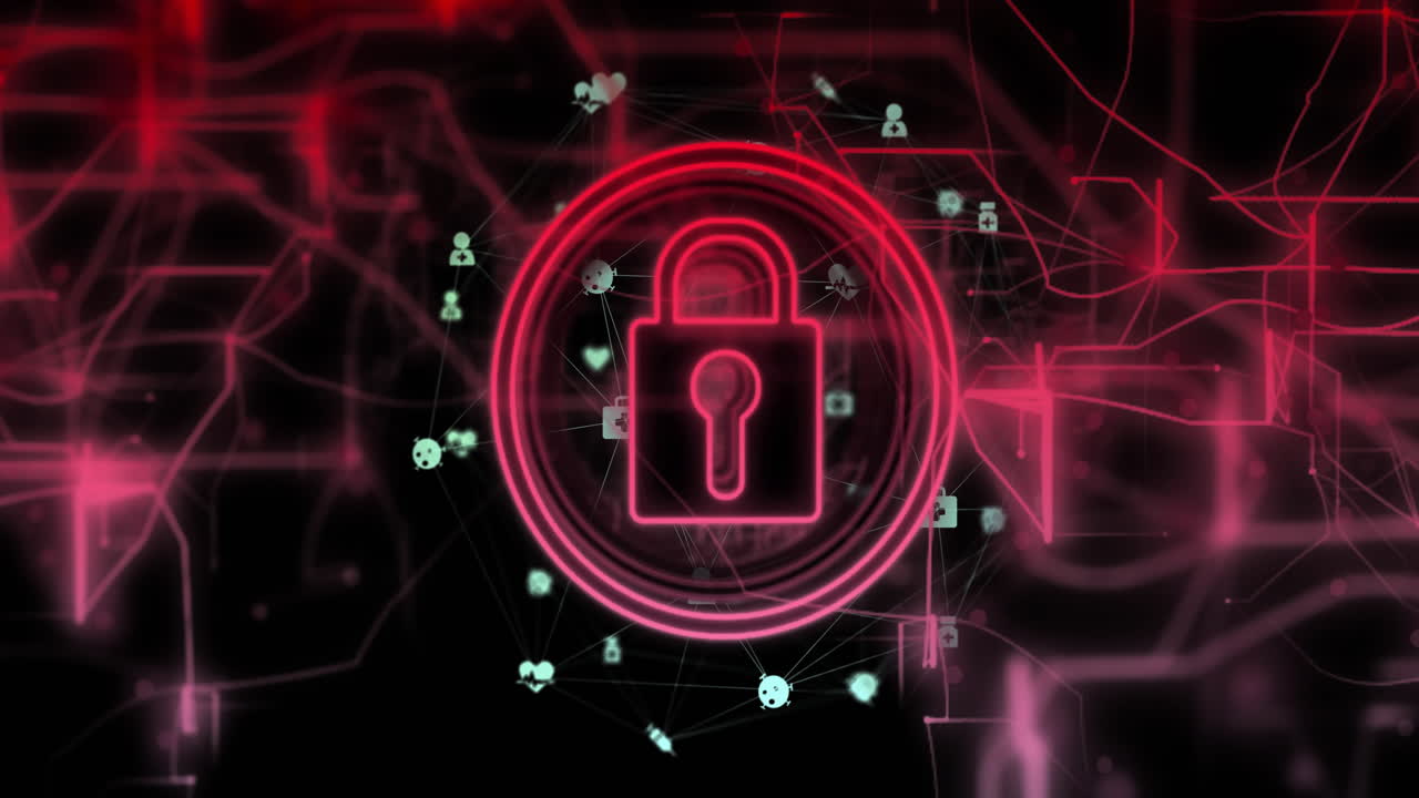 animación del procesamiento de datos y el icono del candado sobre un fondo oscuro