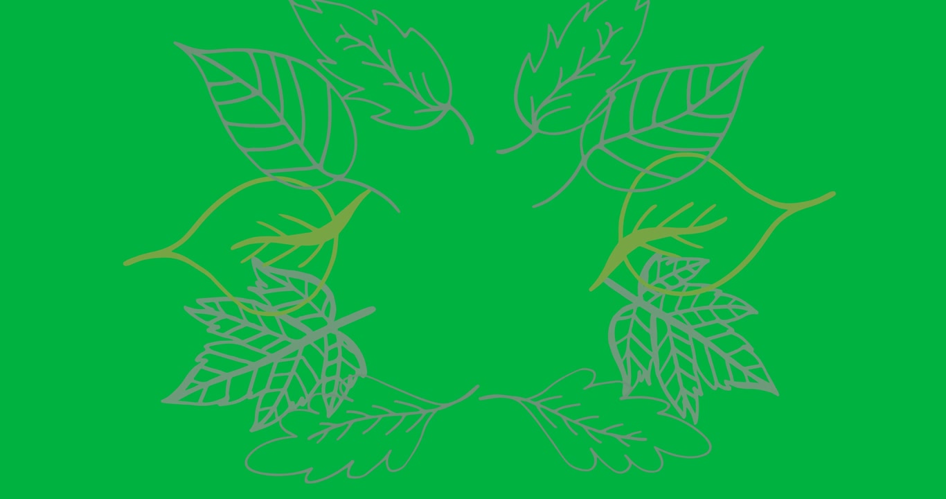 Digital animation of green leaves icons against black background