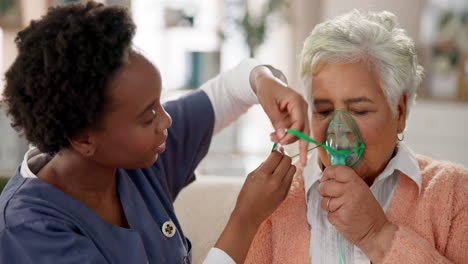 senior woman receiving respiratory support from caregiver