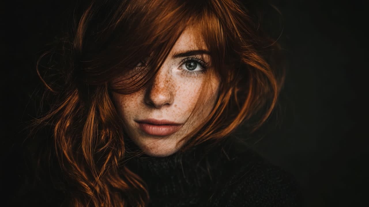 Accattivante ritratto di una rossa con lentiggini, occhi penetranti e capelli fluenti: Uno studio di bellezza naturale, espressione e profondità